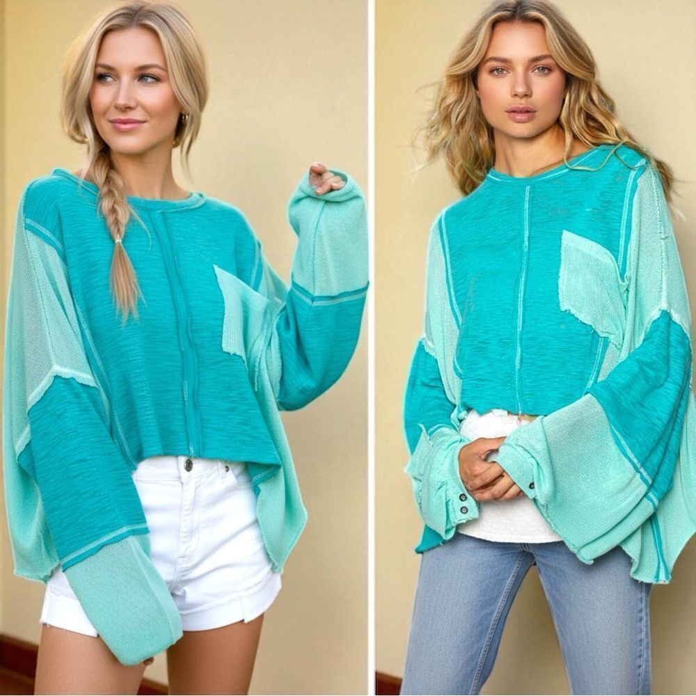 POL Oversized Top Boho Turquoise Green Round Contrast Stitching High-Low Large - Picture 3 of 7